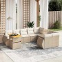 Beige 10-tlg. Garten-Sofagarnitur aus Rattan mit Tisch und Kissen.