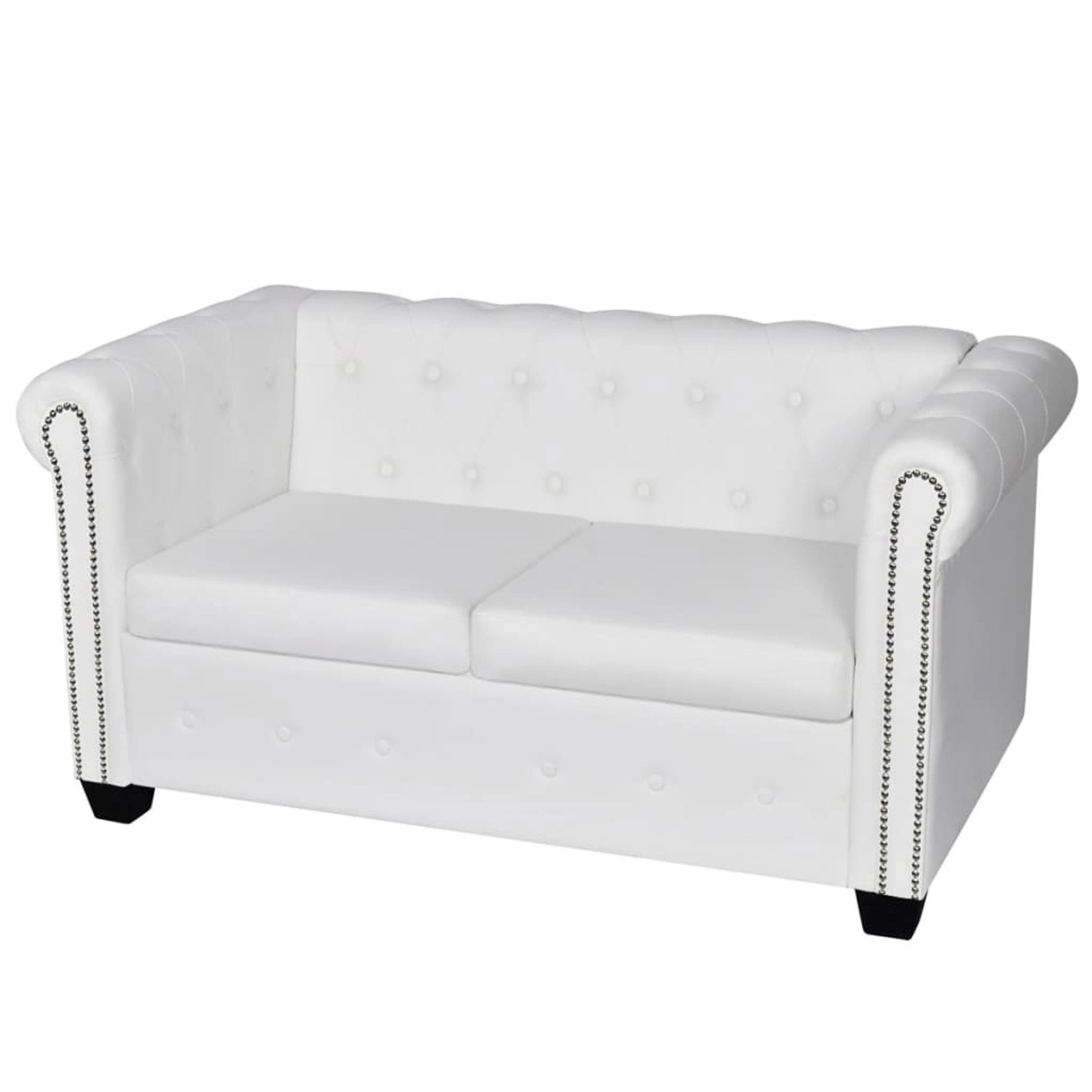 Weißes 2-Sitzer Chesterfield Sofa aus Kunstleder mit Knopfheftung und Ziernägeln.