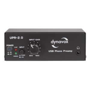 Schwarzer Dynavox UPR-2.0 USB Phono-Vorverstärker mit Reglern und Anschlüssen.