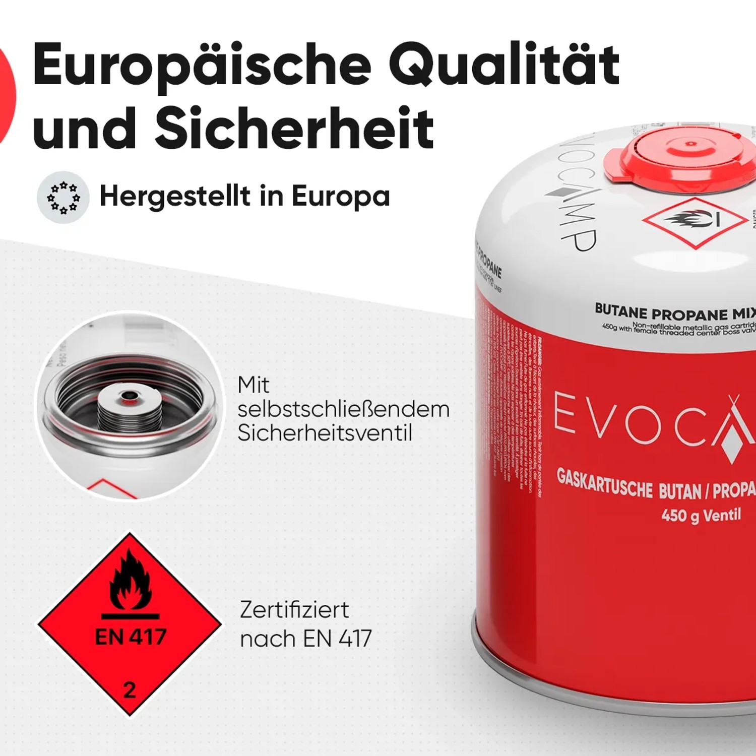 Evocamp Gaskartusche, 450g, 3er-Pack. Schraubkartusche mit Sicherheitsventil für Campingkocher.