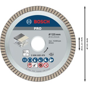 Bosch Diamanttrennscheibe 125 mm mit Turborand für Winkelschleifer. Saubere Schnitte in Keramik und Porzellan.