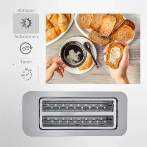 Zilan Edelstahl Toaster mit Brötchenaufsatz und Frühstücksszene.