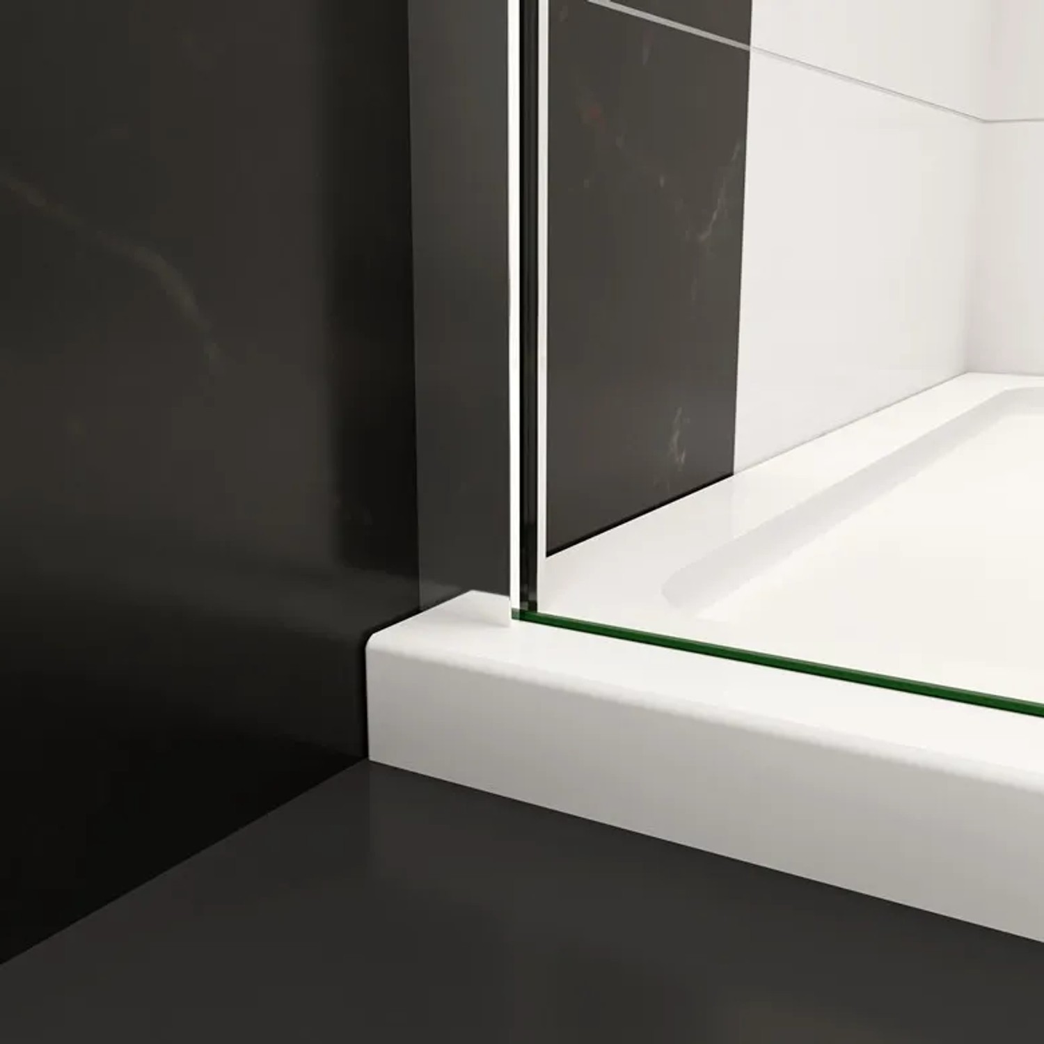 Detailaufnahme: Walk-In Dusche mit 10mm Nano Glas, hochglanz verchromtem Rahmen und Klarglas Seitenwand.