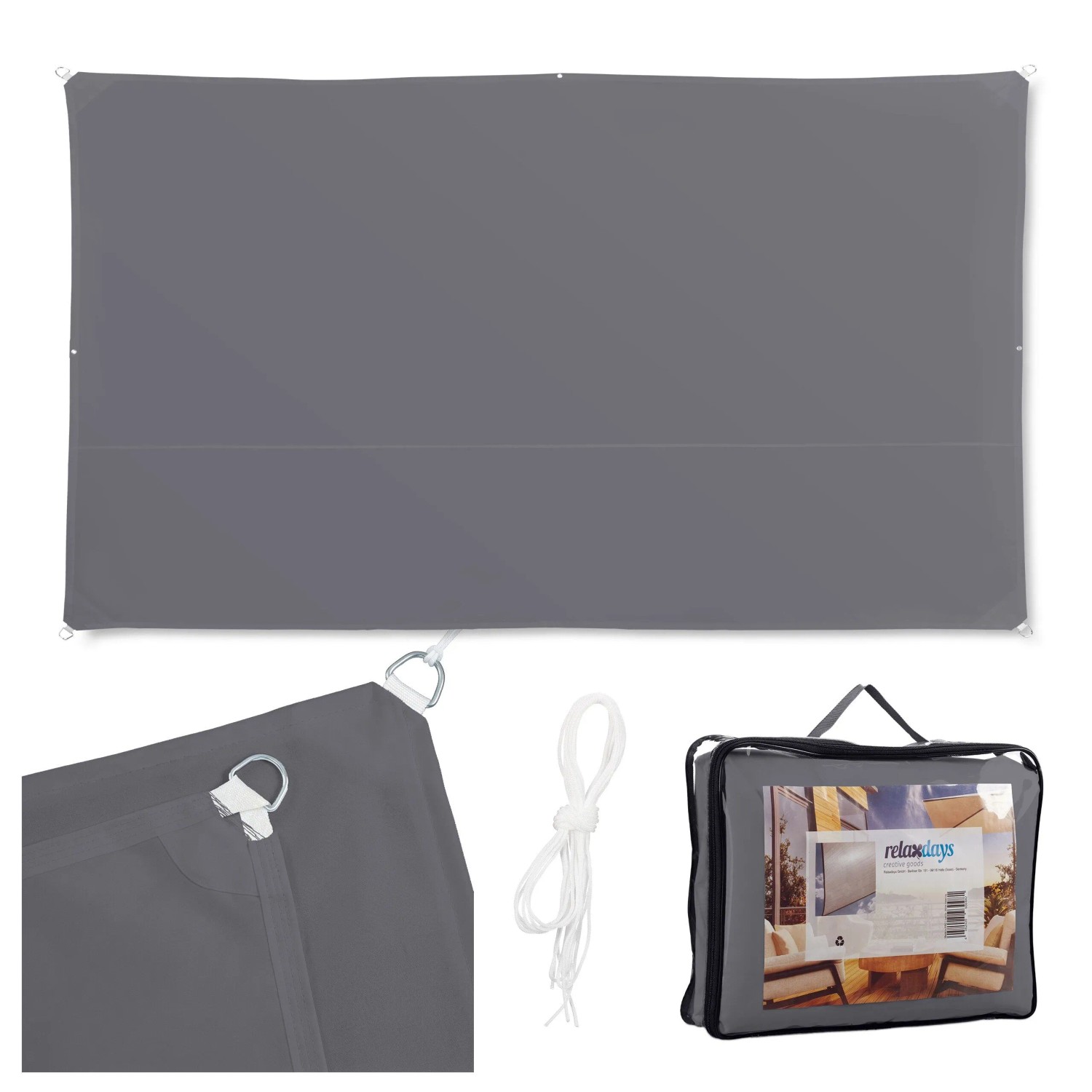 Relaxdays Sonnensegel Polyester Edelstahl Grau UV-Schutz 2 x 4 m 1,3 kg