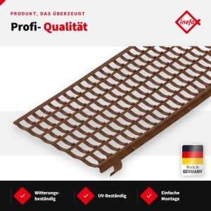 Brauner Inefa Laubfangstreifen aus Kunststoff für Dachrinnen. Gitter schützt vor Laub und Schmutz. Einfache Montage.