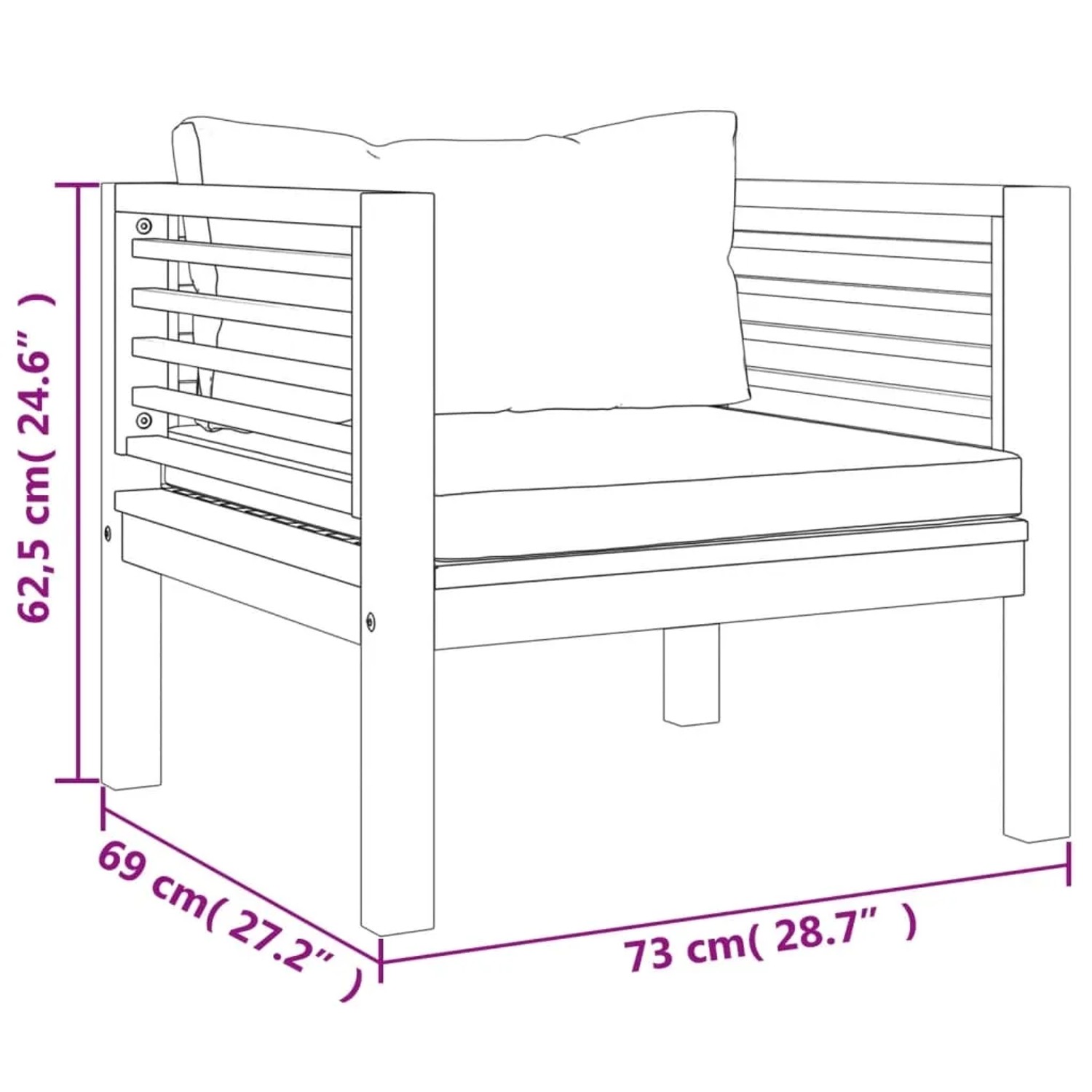 Skizze eines Akazienholz Sessels mit Kissen aus dem 5-tlg. Garten Lounge Set