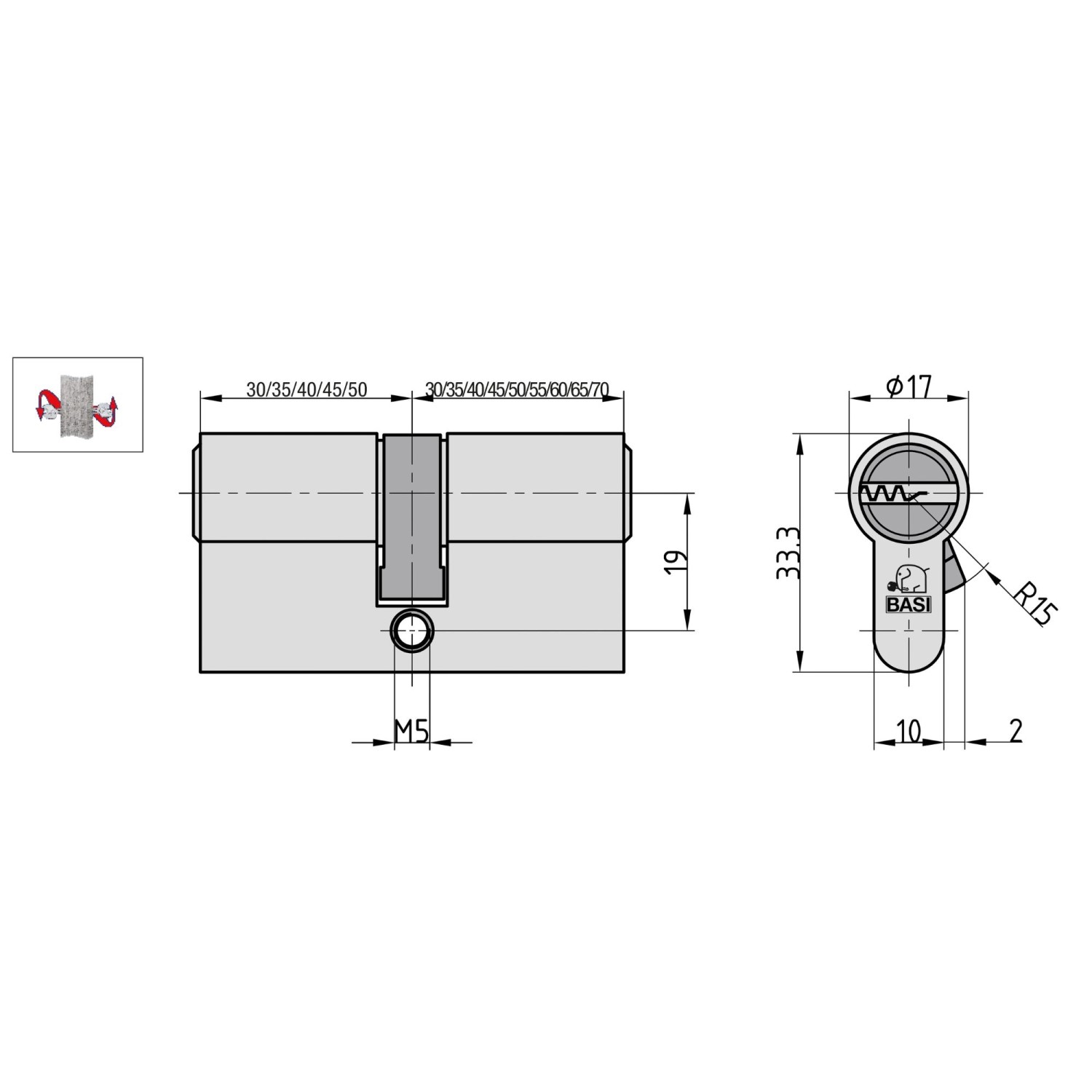 Technische Zeichnung eines Basi V55 Profil-Doppelzylinders 30/70 mm mit Not- und Gefahrenfunktion.