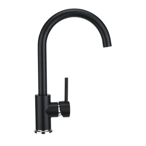 Schwarze baliv Küchenarmatur KI-1831 mit hohem, gebogenem Auslauf und Einhebelmischer.