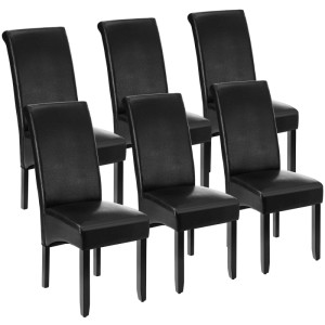 Sechs schwarze Esszimmerstühle mit hoher Rückenlehne und Kunstlederbezug. Gepolsterte Stühle mit dunklen Holzbeinen im 6er Set.