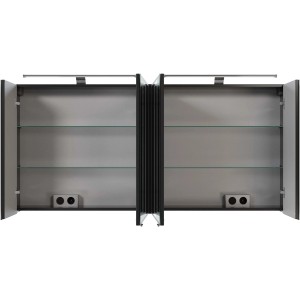 Offener Pelipal Spiegelschrank Quantum 05, anthrazit, 150 cm breit, mit Glasböden und Aufsatzleuchte.