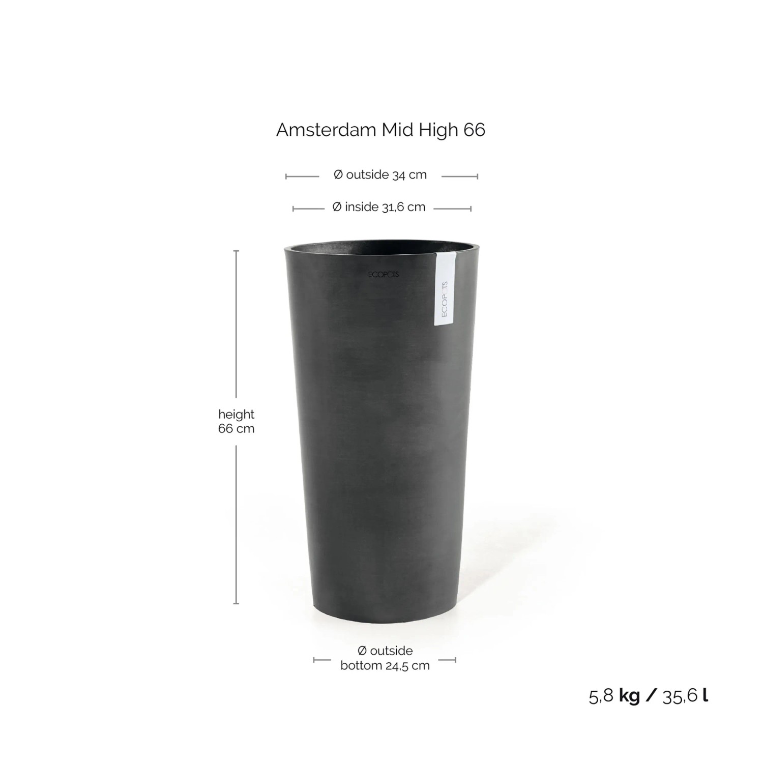 Ecopots Amsterdam Pflanztopf, halbhoch, dunkelgrau, 34x66 cm. Ideal für Innen- und Außenbereich.