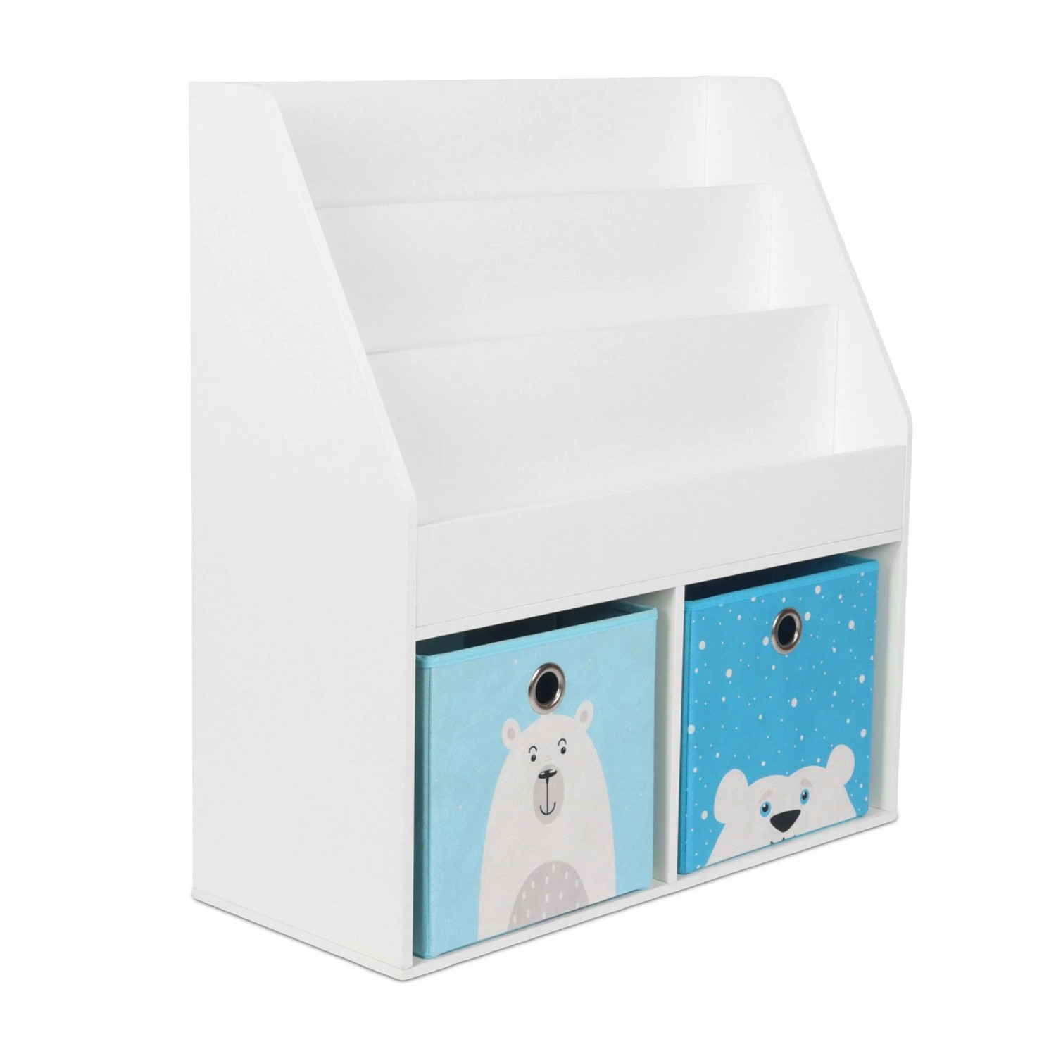 Relaxdays Kinderbücherregal MDF Weiß mit 2 Stoffboxen 79 cm x 72 cm x 30,5 cm