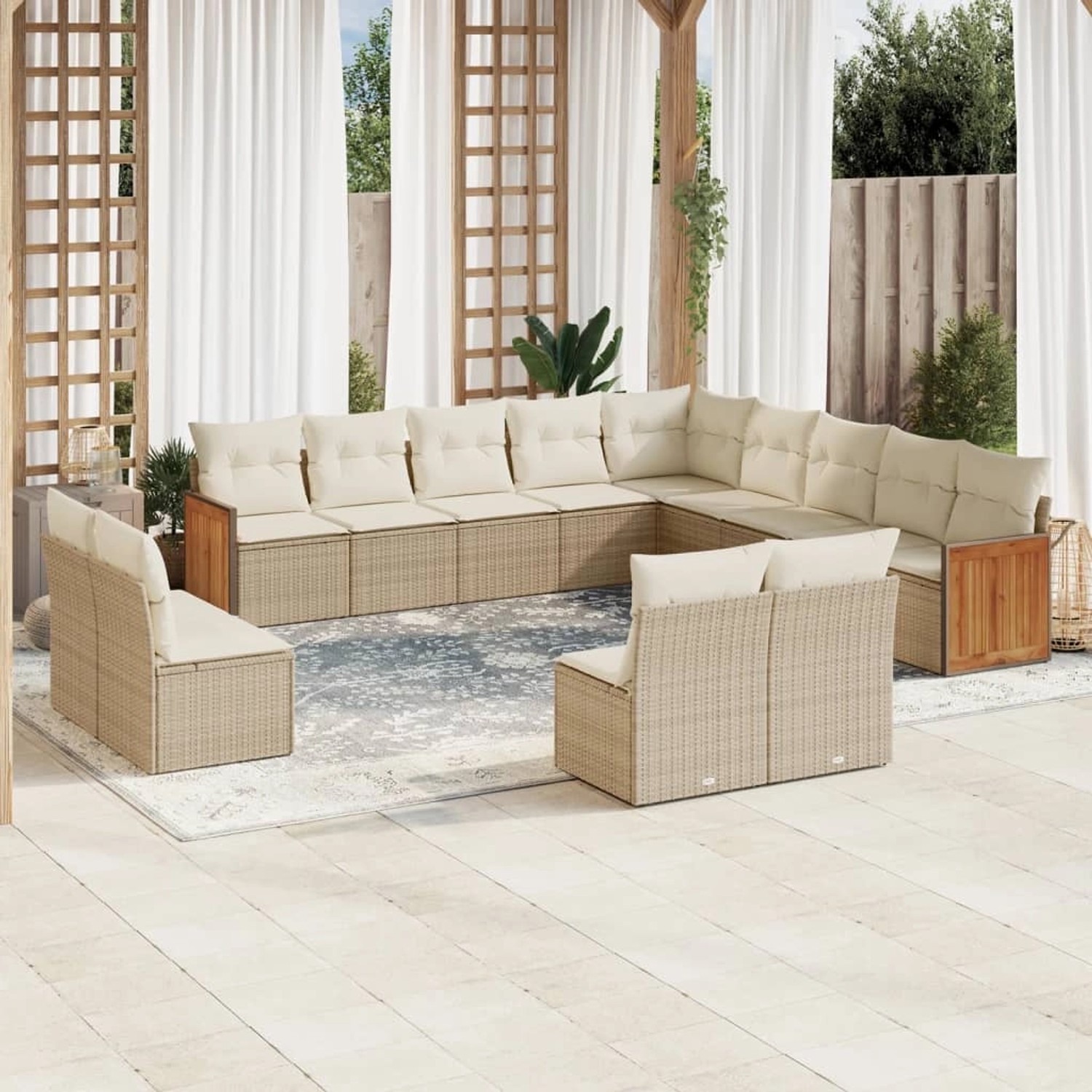 Beige 13-tlg. Garten-Sofagarnitur aus Poly Rattan mit Kissen. Modulares Lounge Set für Terrasse und Garten.