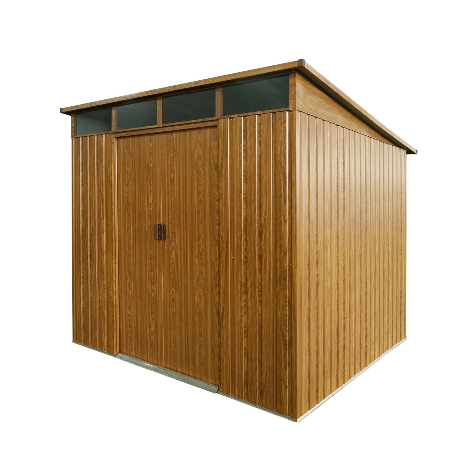 Pergart Gerätehaus Lübeck 88 in Holzoptik, anthrazit, mit Schiebetür und Lichtband.