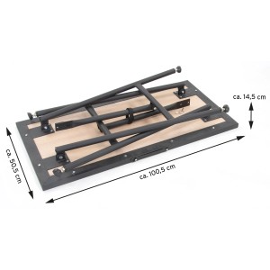 Zusammengeklappte Rikta Klappwerkbank, 100,5x50,5x85 cm, mit Holzplatte und schwarzem Stahlgestell.