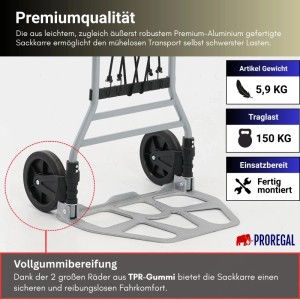PROREGAL Klappbare Profi-Sackkarre ELEPHANT 112x49x52cm Traglast 150kg Aluminiumrahmen TRR Fachgummiräder Silber