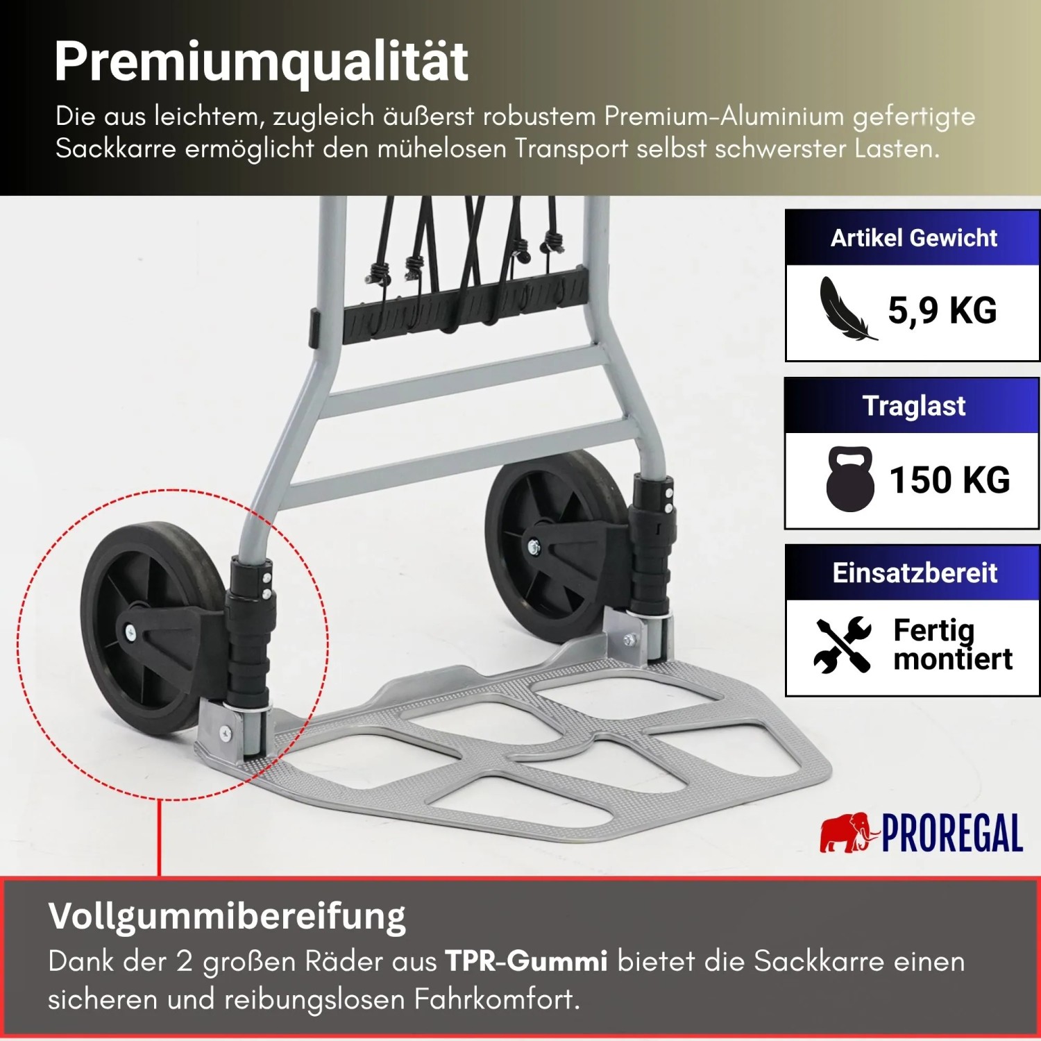 PROREGAL Klappbare Profi-Sackkarre ELEPHANT 112x49x52cm Traglast 150kg Aluminiumrahmen TRR Fachgummiräder Silber_3