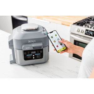 Ninja Cooking System ON400DE Speedi: Hellgraue Küchenmaschine mit App-Steuerung.