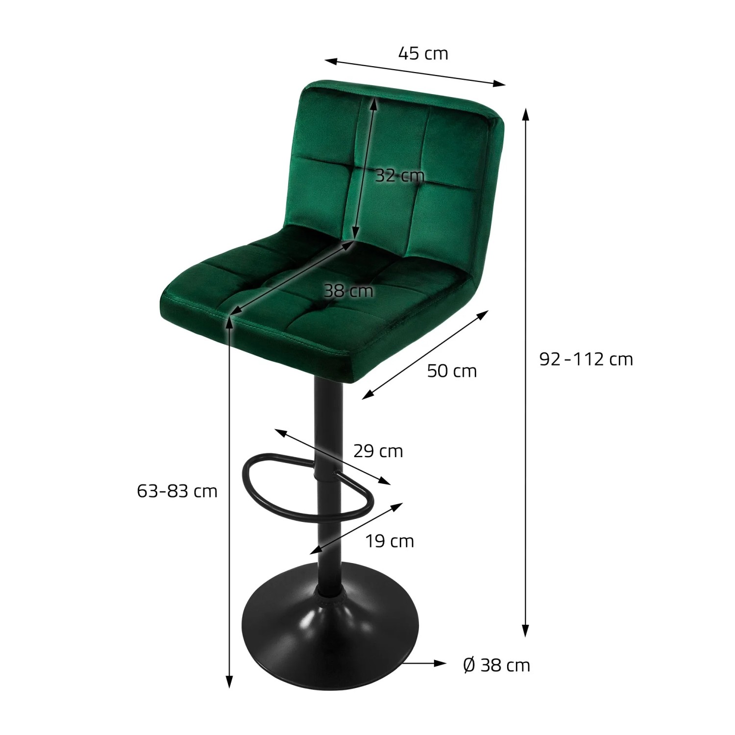 Barhocker 2er Set Grün von ML-Design, Samt, mit Rückenlehne und Fußstütze, höhenverstellbar.