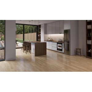 Helle Küche mit Click-Vinylboden Prenzlau Eiche im modernen Wohnraum.