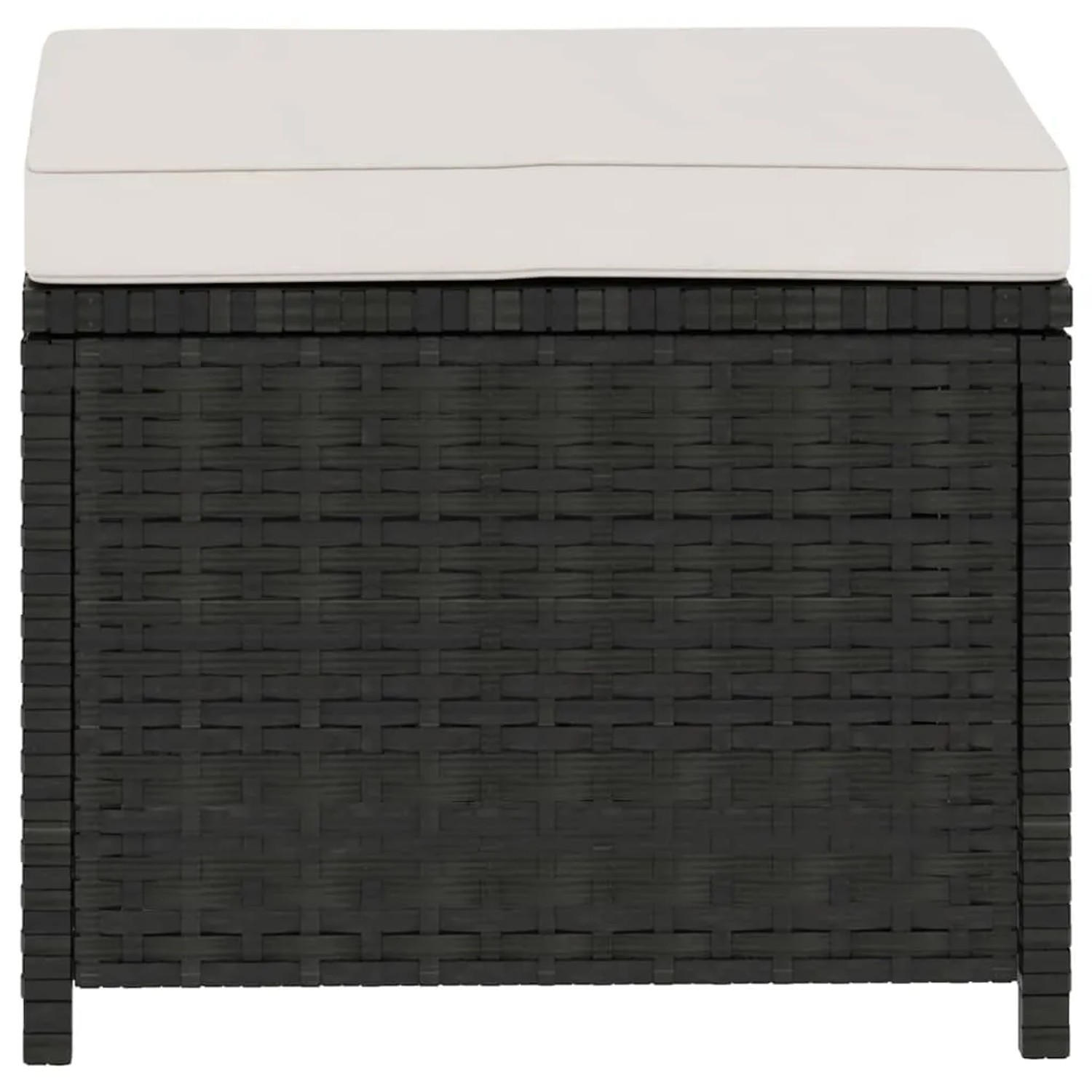 Hocker aus schwarzem Rattan mit cremefarbener Auflage, Teil des vidaXL Garten-Lounge-Sets.