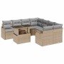 Beiges 9-teiliges vidaXL Garten-Sofa-Set aus Poly Rattan mit Tisch und grauen Kissen.