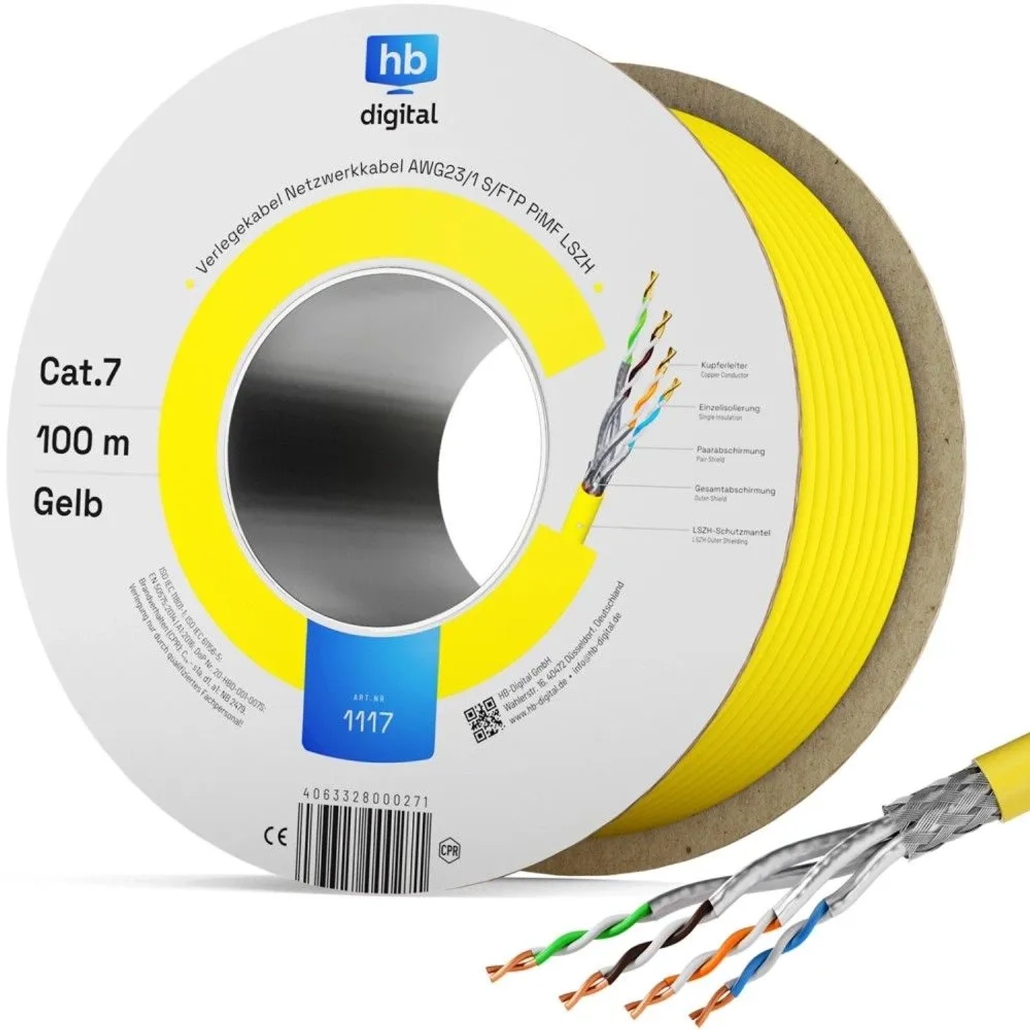 hb-digital CAT 7 Kabel Netzwerkkabel max. 1000 MHz S/FTP AWG23 LSZH 100m Gelb