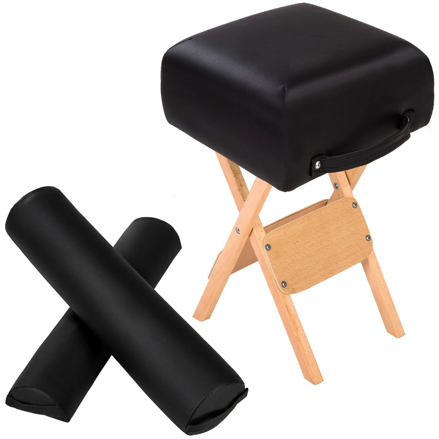 Tectake Hocker Mit 2 Lagerungsrollen  Aus Holz und Kunstleder Klappbar  Praktische Tragegriffe  34 x 34 x 54 cm Schwarz