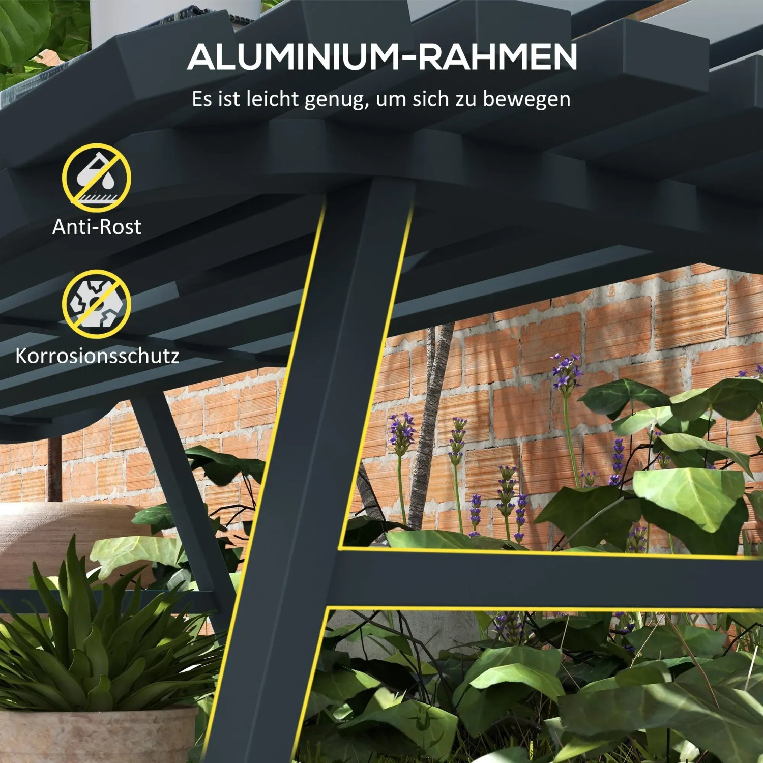 Detailaufnahme der blauen Outsunny Gartenbank aus Aluminium, Fokus auf Rahmen und Korrosionsschutz.