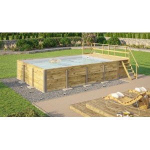 Hellgrauer Weka Holzpool mit Sonnendeck und Technikraum im Garten.