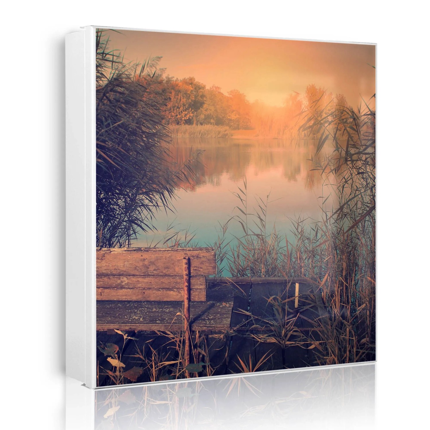 Banjado Großer Schlüsselkasten Metall 30x30cm Weiß Scharnier Rechts 50 Haken Beschreibbar Magnetisch Motiv Bank Am See