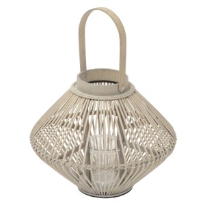 Holzfarbene Bambus Laterne (H 44cm) im Boho Stil mit Glaseinsatz für Kerzen.