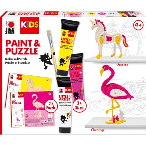 Marabu Little Artist Set: Einhorn & Flamingo 3D Puzzle mit Farben und Pinsel.