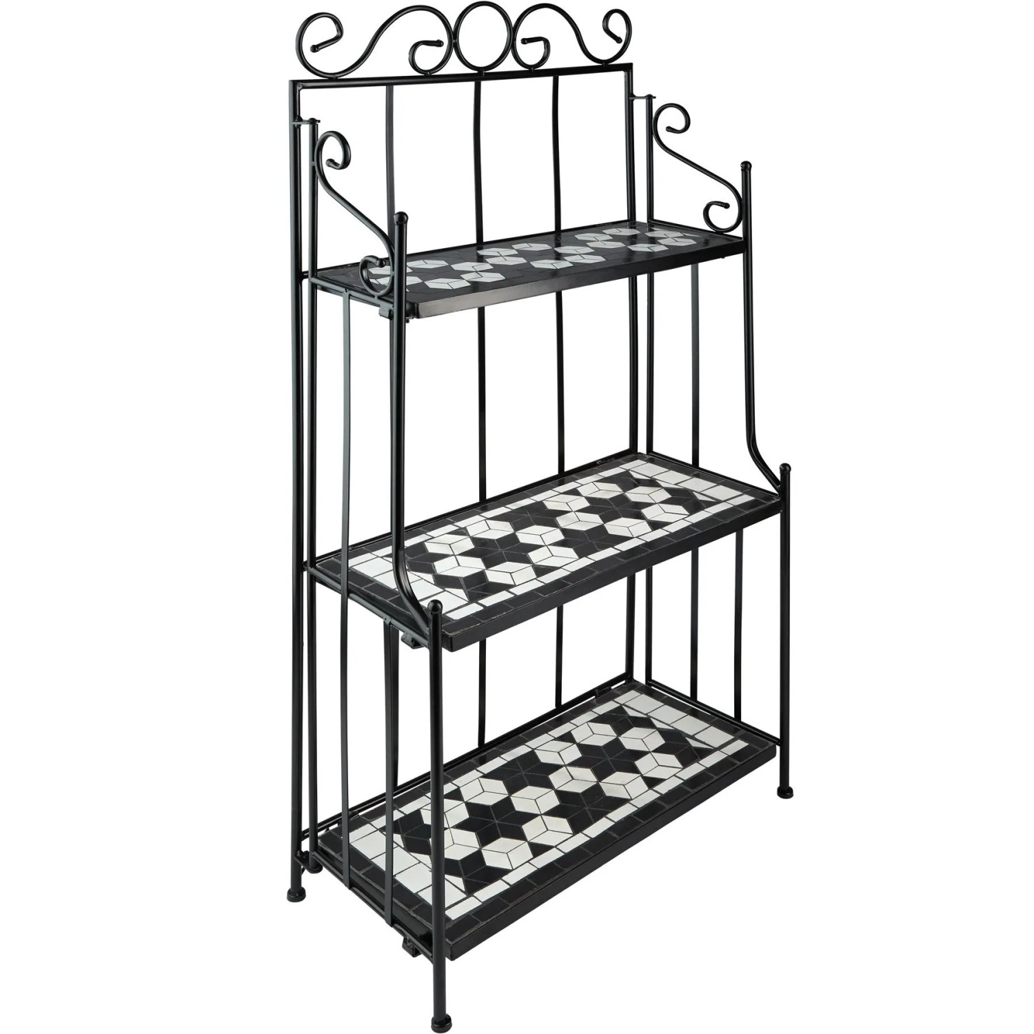 Tectake Metallregal  Mit 3 Mosaikböden Geschwungene Verzierungen  61 x 29 x 114 cm Schwarz Weiß