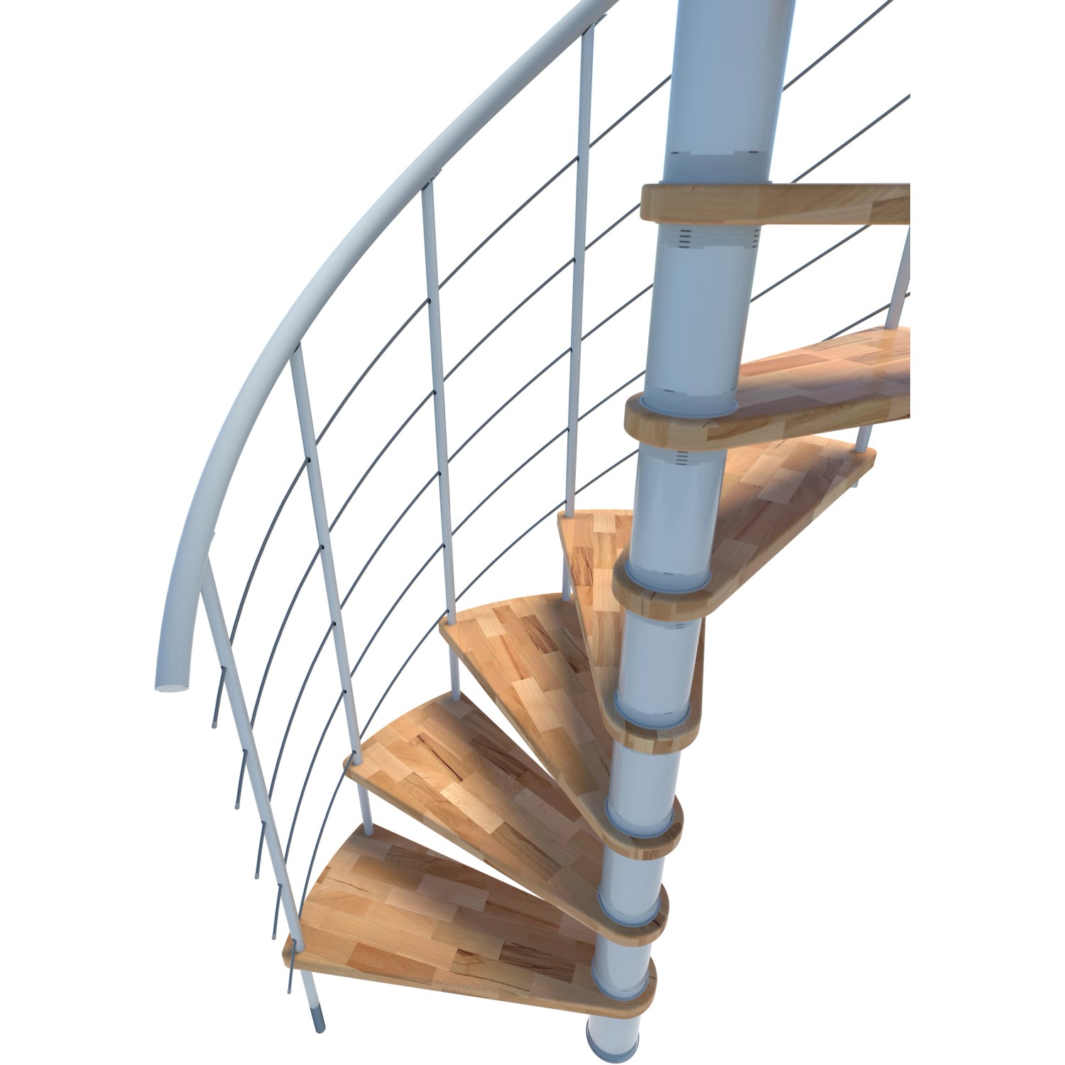 Weiße Minka Spindeltreppe Venezia Smart Buche, spiralförmige Innentreppe mit Holzstufen.