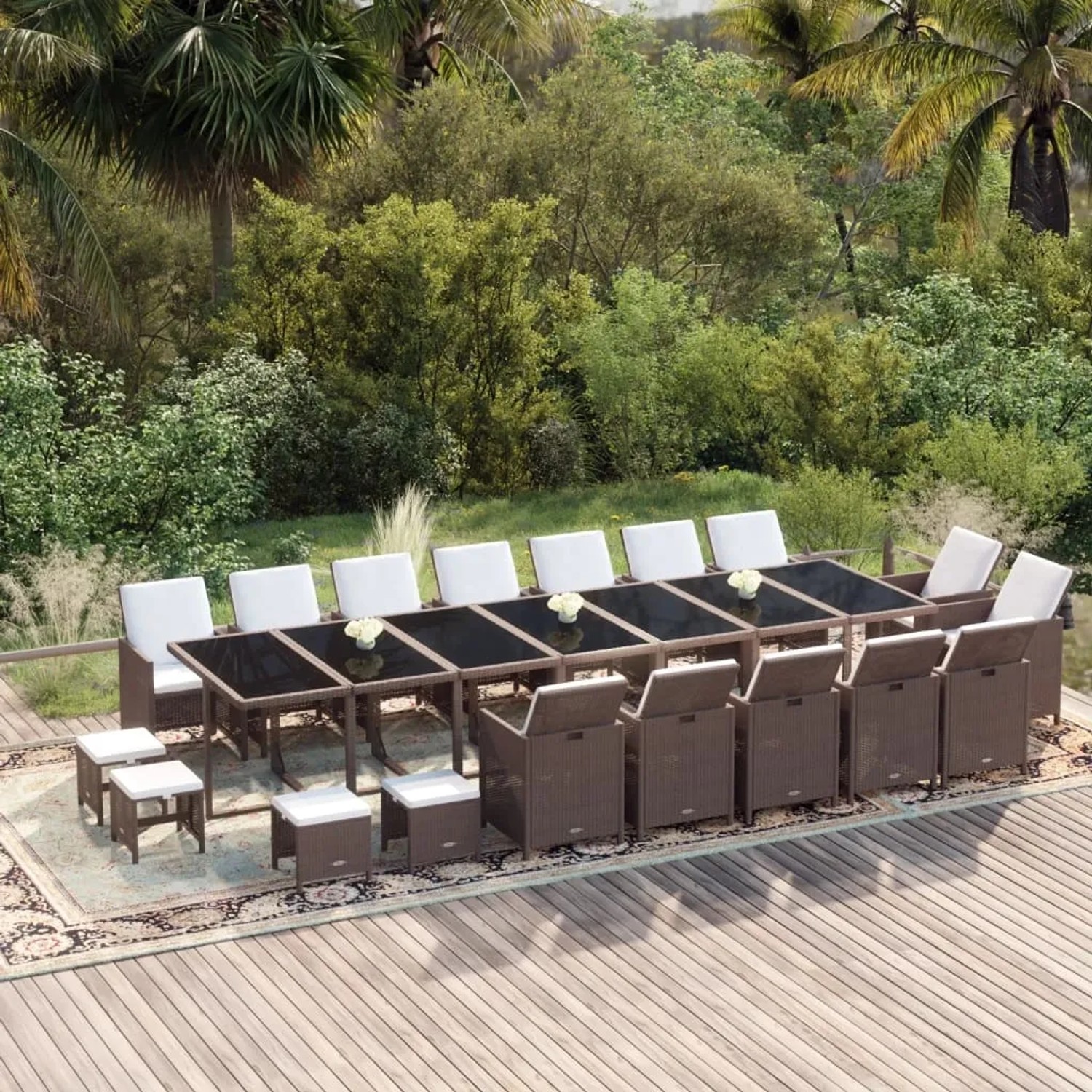 Braune 19-tlg. vidaXL Garten-Essgruppe aus Rattan mit Tisch, Stühlen, Hockern und Kissen.