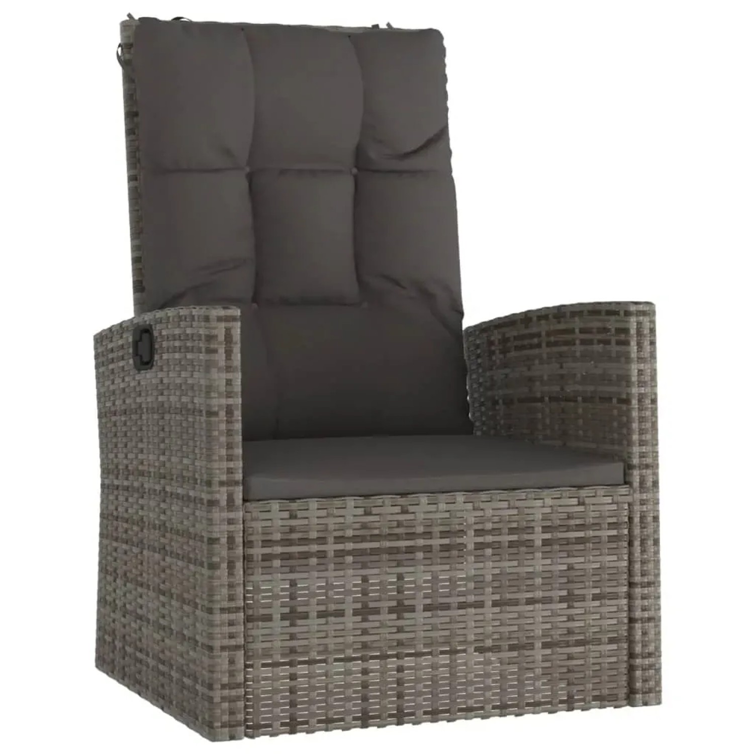 Garten-Relaxsessel aus grauem Poly Rattan mit dunklen Kissen, Teil des vidaXL 3-tlg. Lounge-Sets.