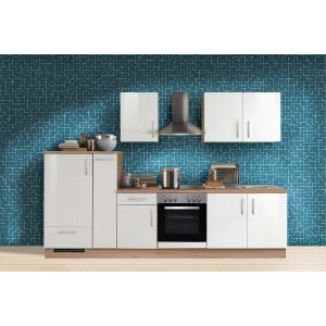 Moderne Küchenzeile Artisan Premium 300 cm in Lack Weiß und Artisan Eiche Nachbildung.