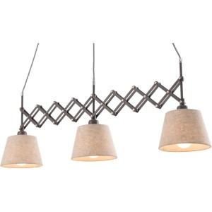 Näve Pendelleuchte Adrien, braun, mit drei Textilschirmen und flexiblem Metallgestell.