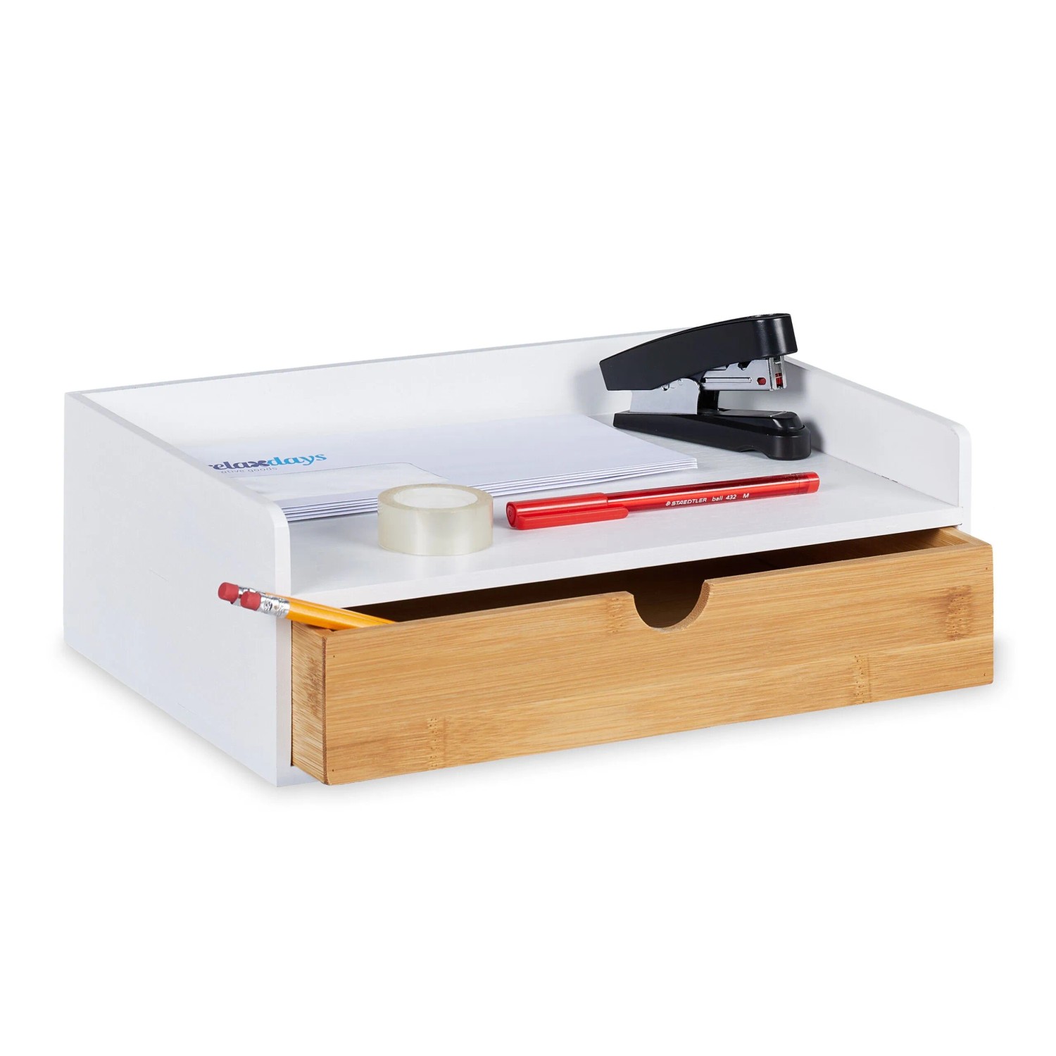 Relaxdays Schreibtisch Organizer Bambus Weiß Natur mit Schublade 11 cm x 32 cm x 22 cm 1,5 kg