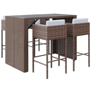 5-tlg. Gartenbar-Set aus braunem Rattan mit Tisch, 4 Hockern und cremefarbenen Kissen.