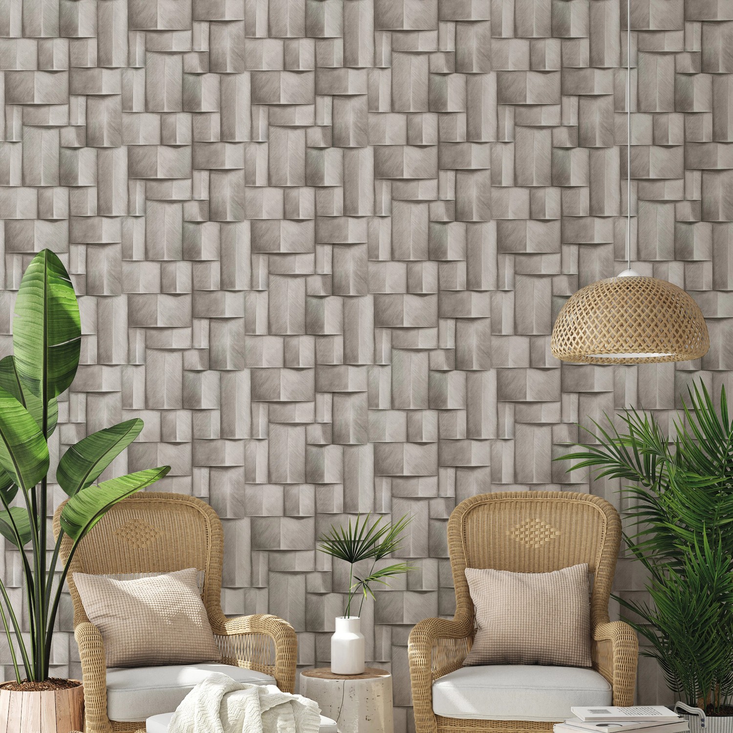 Moderne Vliestapete in 3D-Optik, grafisches Muster in Weiß-Beige. Dekorative Wandgestaltung für Wohnräume.