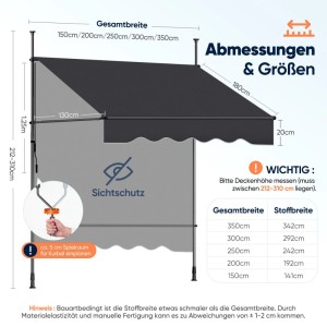 Sekey Klemmmarkise für Balkon mit Kurbel ohne Bohren Sonnenschutz UV-beständig Balkonmarkise 200 x 130 cm Dunkelgrau