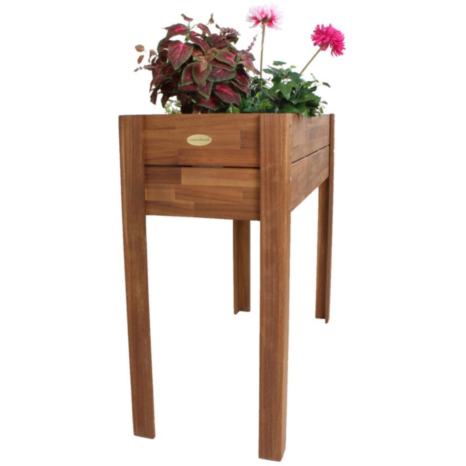 Hochbeet aus Akazienholz mit Vlies-Einlage, bepflanzt mit Blumen und Pflanzen.