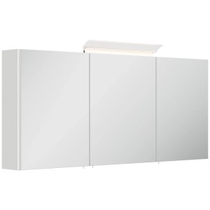 Weißer Hochglanz Spiegelschrank 140 cm mit 3 Spiegeltüren und integrierter LED-Lampe für das Badezimmer.