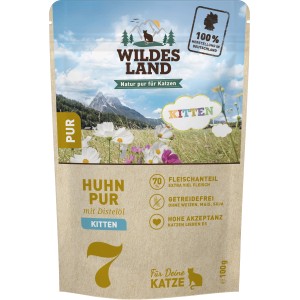 Wildes Land Katzen-Nassfutter Kitten Huhn Pur, getreidefrei mit Distelöl, 100g Packung.