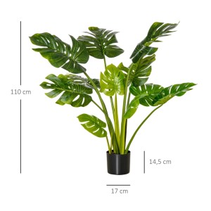 Realistische HOMCOM Kunstpflanze Monstera, 110 cm hoch, mit großen grünen Blättern in schwarzem Kunststofftopf.