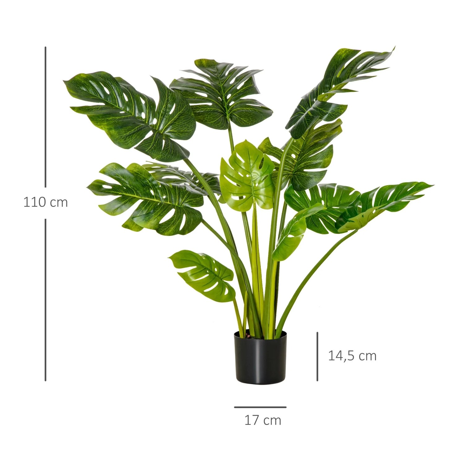 Realistische HOMCOM Kunstpflanze Monstera, 110 cm hoch, mit großen grünen Blättern in schwarzem Kunststofftopf.