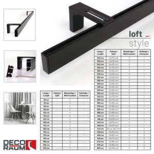 Schwarze 1-lauf Gardinenschiene Loft Style aus Aluminium mit Wandhalterung und Zubehör. Für moderne Dekoartikel.