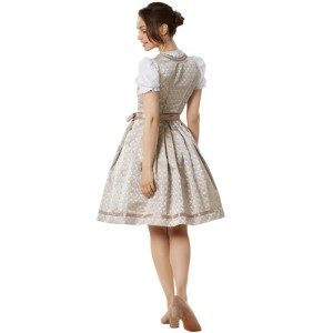 Tectake Dirndl Ella Champagner: Midi-Dirndl in Rosé/Beige mit Borte, Satinbandschnürung und floraler Spitzenschürze.